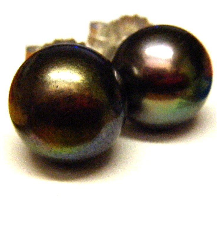 Green Peacock Black 12.6mm Pearl Stud Earrings